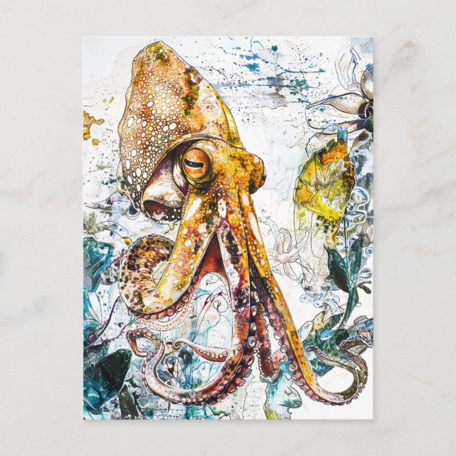 Cartão Postal Ilustração Abstrata em Aquarela de uma Lula (Frente)