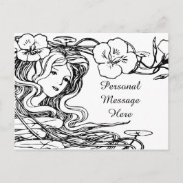 Cartão Postal Ilustração Amável Dama Fluindo Cabelo e Flores