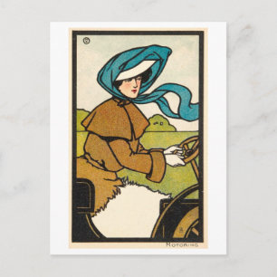 Cartão Postal Ilustração Antiga de Mulher Dirigindo um Carro