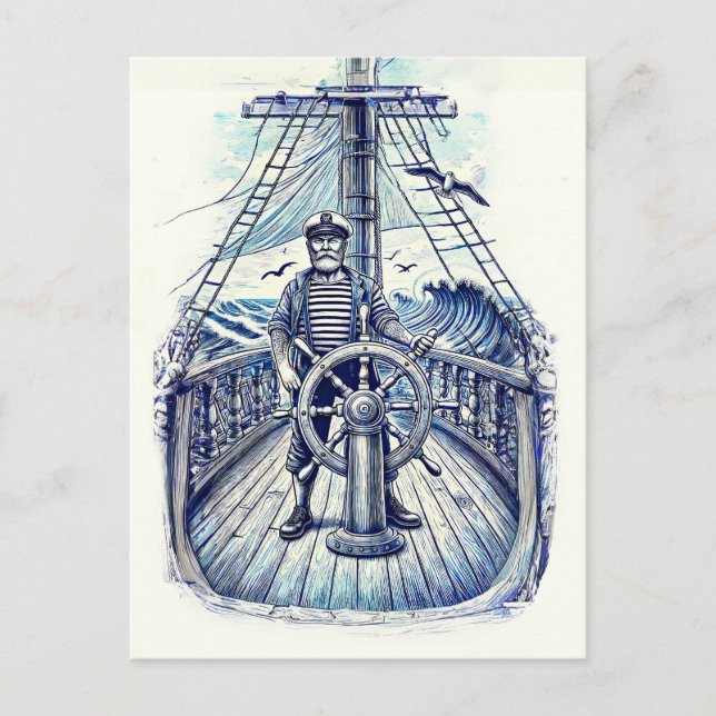 Cartão Postal Ilustração Antiga de um Marinheiro ao Leme (Frente)