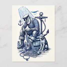 Cartão Postal Ilustração Antiga de um Marinheiro com cachorro