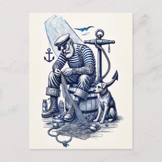 Cartão Postal Ilustração Antiga de um Marinheiro com cachorro (Frente)