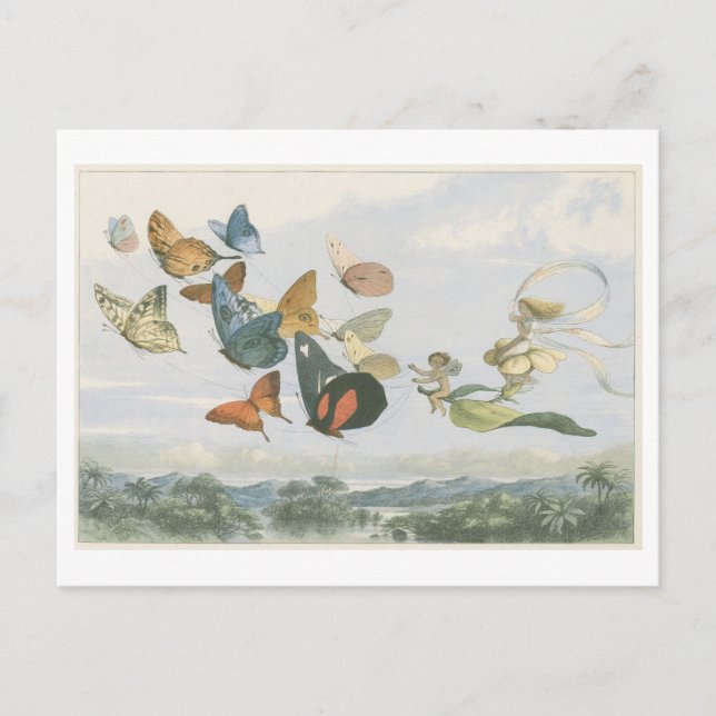 Cartão Postal Ilustração Antiga Rainha das Fadas com Borboletas (Frente)