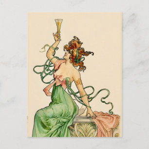 Cartão Postal Ilustração Art Nouveau Vintage da Dama do Champanh