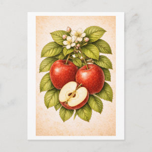 Cartão Postal Ilustração Botânica de Maçã Vermelha em Estilo Vin