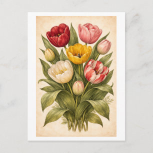 Cartão Postal Ilustração Botânica de Tulipa em Estilo Vintage