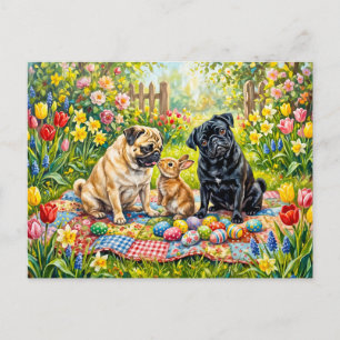 Cartão Postal Ilustração Caprichosa de Cães Mops em Piquenique d