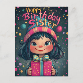 Cartão Postal Ilustração Caprichosa de Feliz Aniversário Irmã