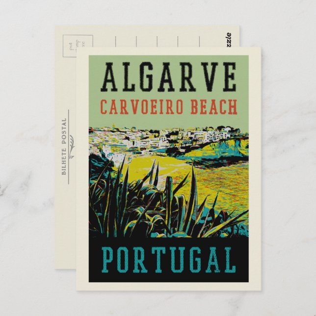Cartão Postal Ilustração carvoeiro de praia no Algarve Portugal (Frente/Verso)