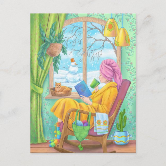 Cartão Postal Ilustração caseira aconchegante do inverno (Frente)