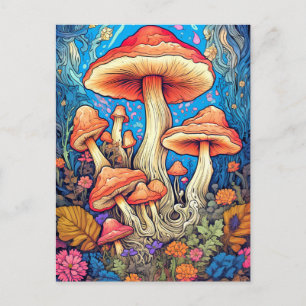Cartão Postal Ilustração Colorida de Cogumelos Selvagens Psicodé