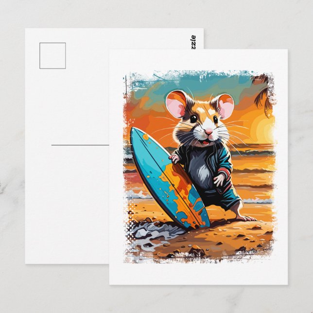 Cartão Postal Ilustração Cômica Colorida Fofa de Hamster Surfand (Frente/Verso)
