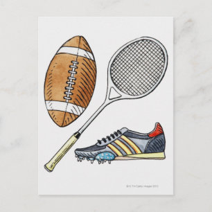 Cartão Postal Ilustração da bola de râguebi, raquete de têni