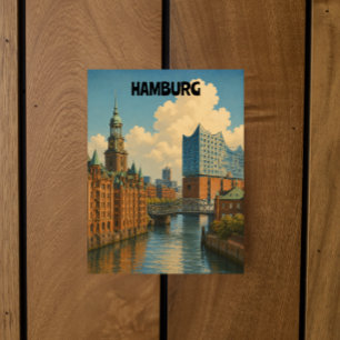 Cartão Postal Ilustração da Cidade Portuária Vintage Hamburgo Al