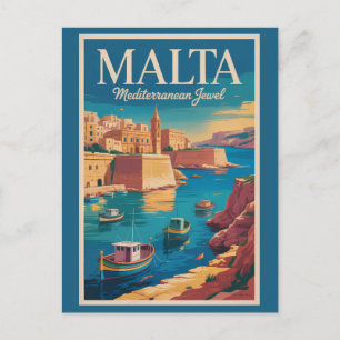 Cartão Postal Ilustração da Costa de Malta Arte de Viagem Vintag