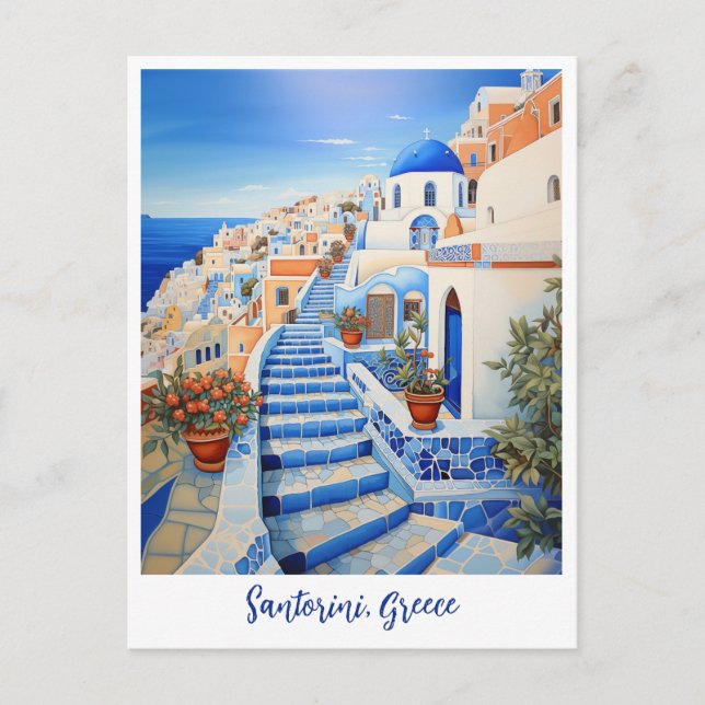 Cartão Postal Ilustração da Ilha Santorini | Viagem Art (Frente)