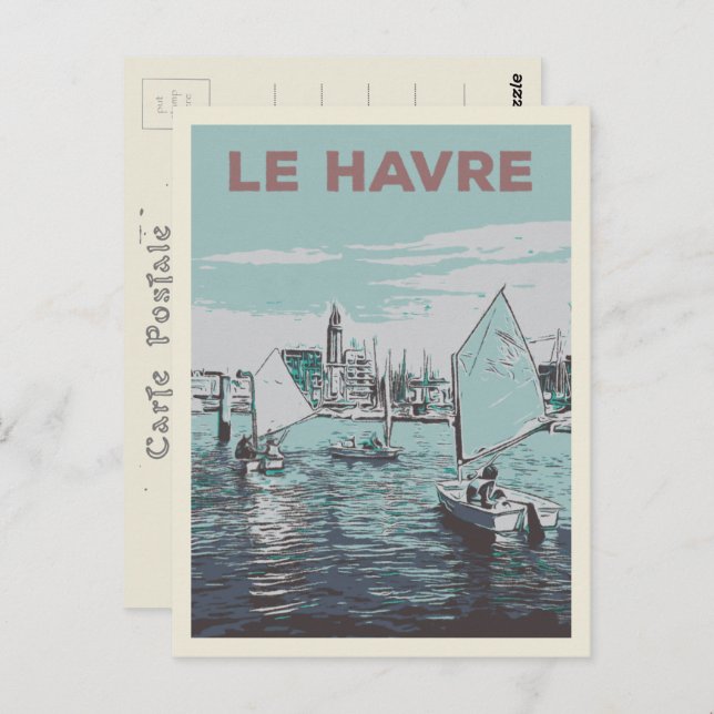 Cartão Postal Ilustração da marina Le Havre à vela França (Frente/Verso)