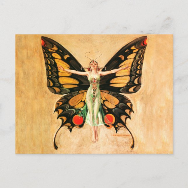 Cartão Postal Ilustração da Mulher Voadora Flapper Butterfly (Frente)