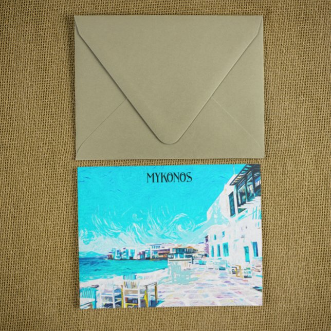 Cartão Postal Ilustração da pintura petrolífera do Mar Egeu de G (mykonos greece oil paint scenery)