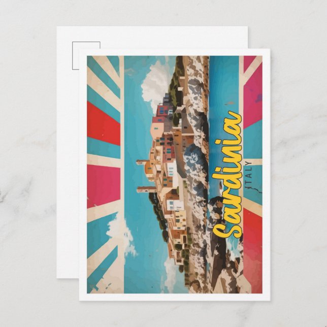 Cartão Postal Ilustração da Pop Art Viagem da Sardenha Itália (Frente/Verso)