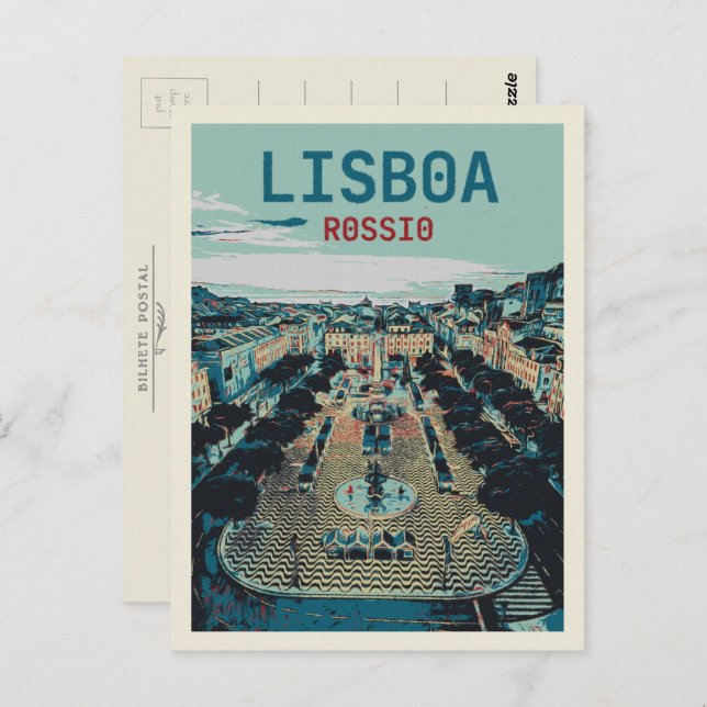 Cartão Postal Ilustração da Praça Charm Rossio, do Coração de Li (Frente/Verso)