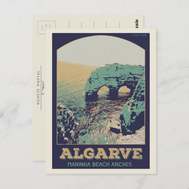 Cartão Postal Ilustração da praia da Marinha Algarve Portugal (Frente/Verso)