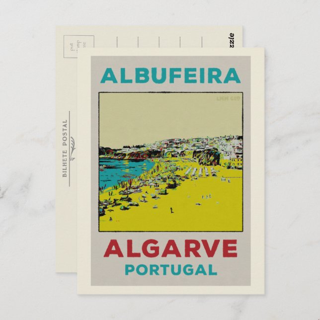 Cartão Postal Ilustração da praia de Albufeira (Frente/Verso)
