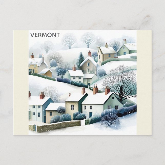 Cartão Postal Ilustração da Viagem da Vila Vermont Snowy Winter (Frente)
