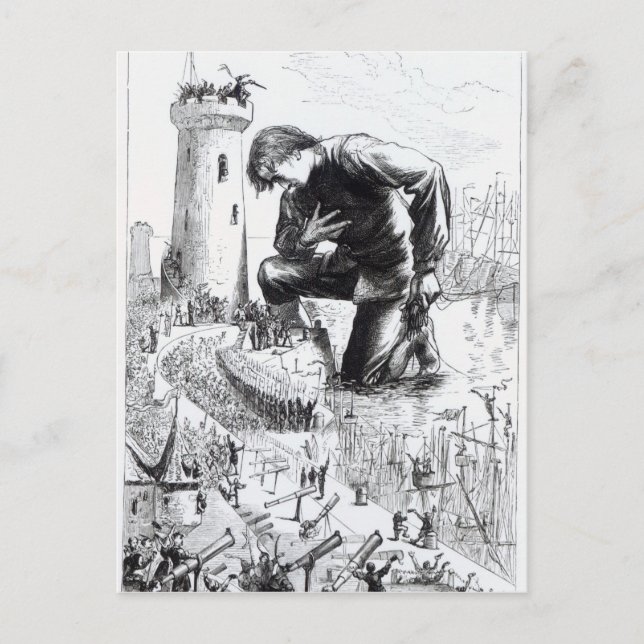 Cartão Postal Ilustração da Viagem de Gulliver (Frente)