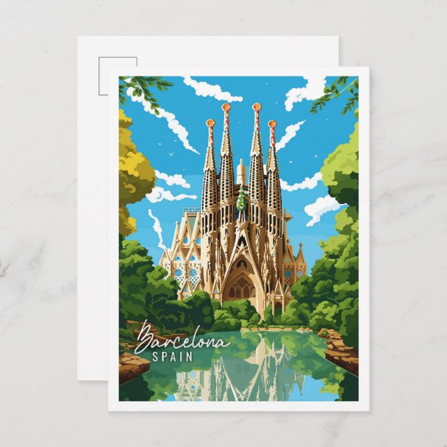 Cartão Postal Ilustração da viagens vintage de Barcelona (Frente/Verso)