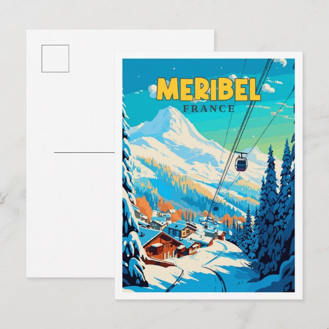 Cartão Postal Ilustração da viagens vintage Meribel France (Frente/Verso)