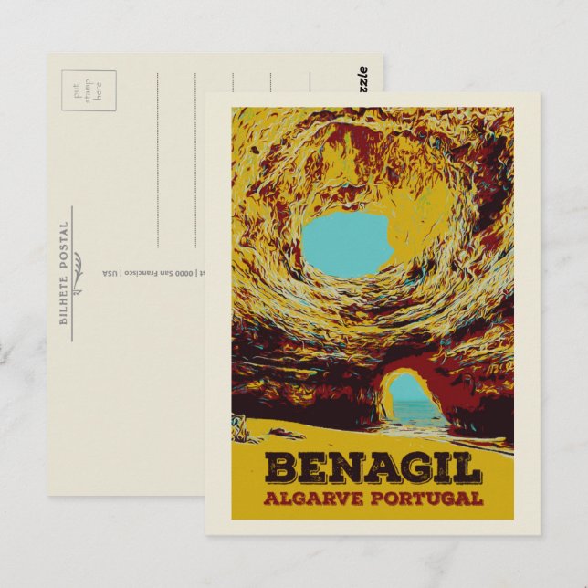 Cartão Postal Ilustração das cavernas do Benagil Algarve Portuga (Frente/Verso)