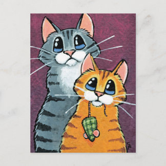 Cartão Postal Ilustração de 2 Gatos Malhados com Rato de Brinque