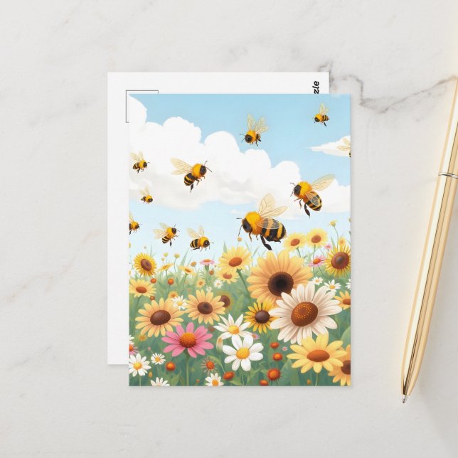 Cartão Postal Ilustração de abelhas e flores fofas (Frente/Verso In Situ)