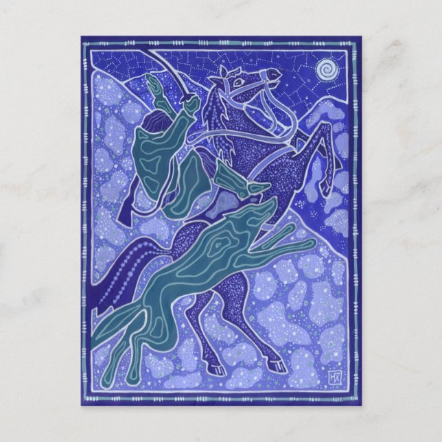 Cartão Postal Ilustração de Animais do Lobo Andando de Cavalo (Frente)