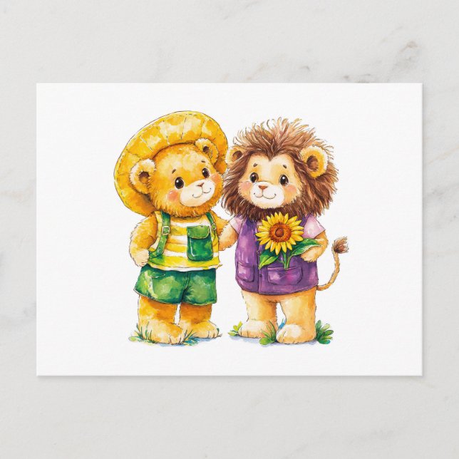 Cartão Postal Ilustração de Aquarela com Urso de Teddy e Leão (Frente)