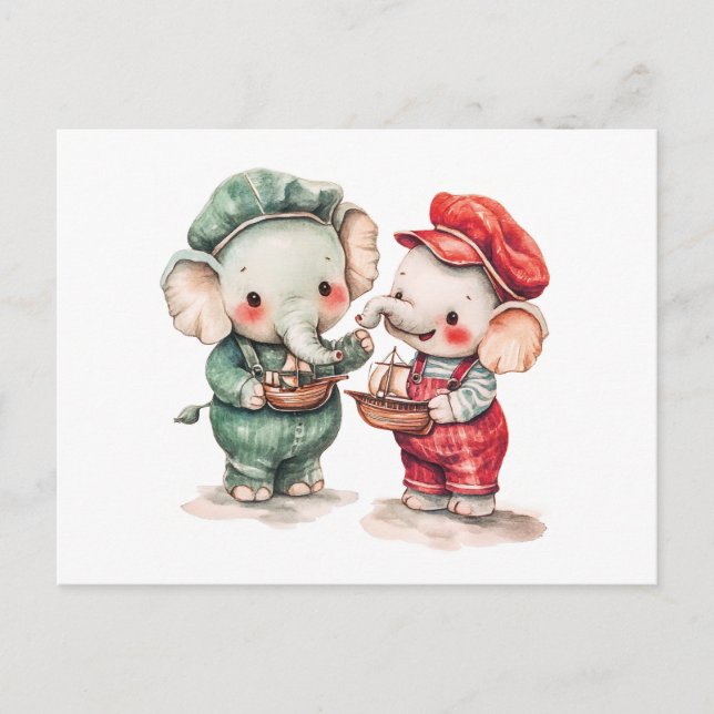 Cartão Postal Ilustração de Aquarela de Dois Elefantes com Barco (Frente)