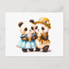 Cartão Postal Ilustração de Aquarela de Dois Pandas Comendo Gelo