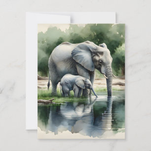 Cartão Postal Ilustração de Aquarela de Mamãe e Elefante Bebê