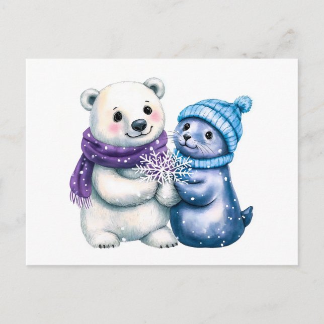 Cartão Postal Ilustração de Aquarela de um Urso Polar e Selo (Frente)