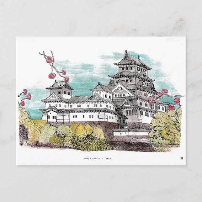 Cartão Postal Ilustração de Aquarela do Japão no Castelo de Osak (Frente)