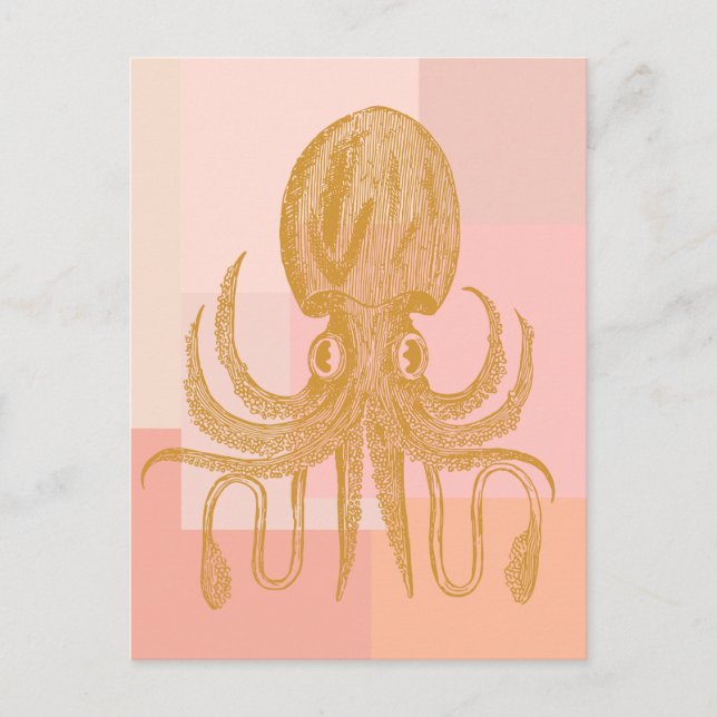 Cartão Postal Ilustração de Arte de Octopus Bonito a Rosa e Dour (Frente)