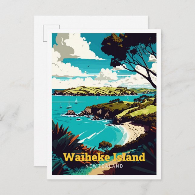 Cartão Postal Ilustração de arte de Viagem da Ilha de Waiheke NZ (Frente/Verso)