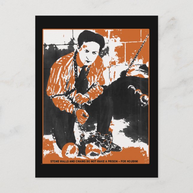 Cartão Postal Ilustração de Arte Negra e Laranja HARRY HOUDINI (Frente)