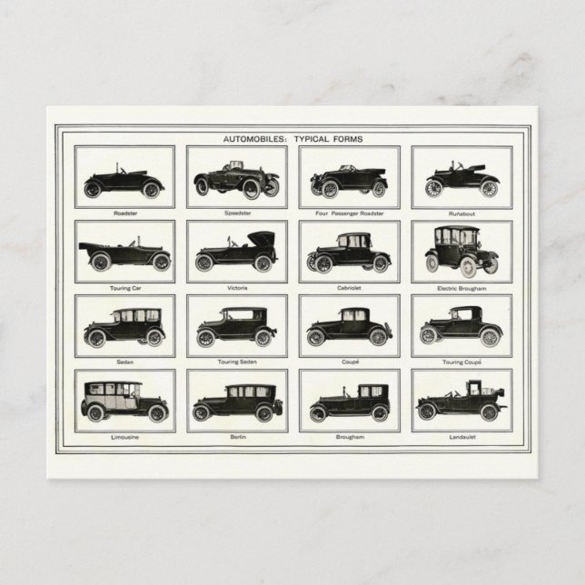 Cartão postal - Ilustração de Automóveis Vintage (Frente)
