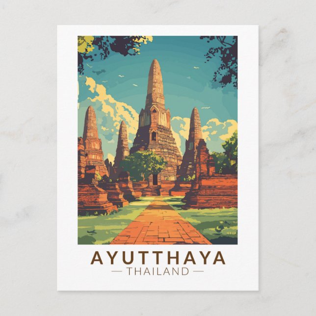 Cartão Postal Ilustração de Ayutthaya Tailândia Arte de Viagem V (Frente)