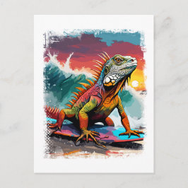 Cartão Postal Ilustração de BD Colorida de Surfe Iguana