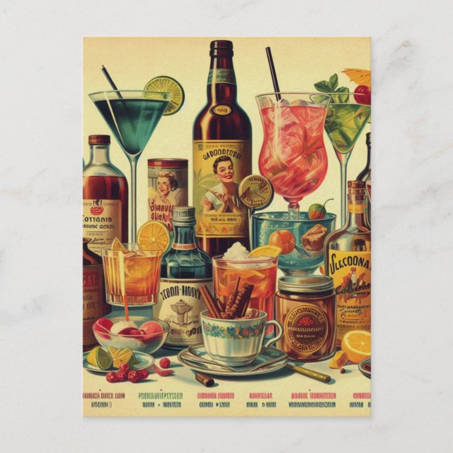 Cartão Postal Ilustração de Bebidas Vintage (Frente)