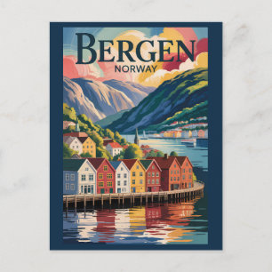 Cartão Postal Ilustração de Bergen Noruega Arte de Viagem Vintag