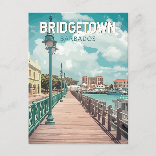 Cartão Postal Ilustração de Bridgetown Barbados Arte de Viagem R (Frente)